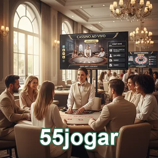 Mesa de cassino ao vivo no 55jogar com jogadores e dealer.