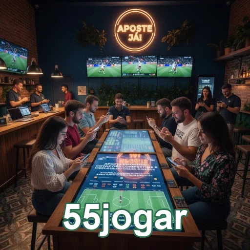Pessoas usando a plataforma 55jogar em um ambiente colaborativo.