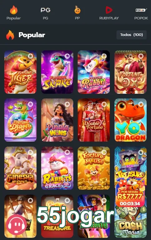 Interface de jogos populares no 55jogar com várias opções.