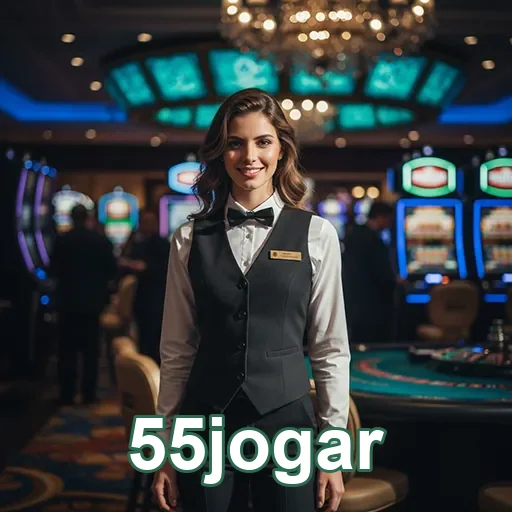 Croupier em cassino da 55jogar com máquinas de slots ao fundo.